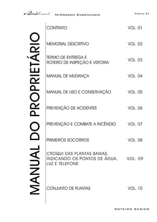 McHosken Engenharia Página 31
ROTEIRO BÁSICO
CONTRATO VOL. 01
MEMORIAL DESCRITIVO VOL. 02
TERMO DE ENTREGA E
ROTEIRO DE INSPEÇÃO E VISTORIA
VOL. 03
MANUAL DE MUDANÇA VOL. 04
MANUAL DE USO E CONSERVAÇÃO VOL. 05
PREVENÇÃO DE ACIDENTES VOL. 06
PREVENÇÃO E COMBATE A INCÊNDIO VOL. 07
PRIMEIROS SOCORROS VOL. 08
CROQUI DAS PLANTAS BAIXAS,
INDICANDO OS PONTOS DE ÁGUA,
LUZ E TELEFONE
VOL. 09
MANUALDOPROPRIETÁRIO
CONJUNTO DE PLANTAS VOL. 10
 
