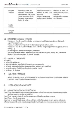 ENGENHARIA Página 20
MEMORIAL DESCRITIVO
Garagem
Subsolo
Contrapiso 10cm em
concreto sarrafeado e
desempenado, fck 15 mpa,
10 cm, entremea-do de
ferragem (tela), sobre
lastro de brita.
Chapisco no traço 1:3
Emboço no traço 1:2:5,
esp 1 cm
Pintura latex sobre
emboço, em 2 demãos.
Chapisco no traço 1:3
Emboço no traço 1:2:5,
esp 1 cm
Caiação sobre emboço,
em 2 demãos.
Quadra
Poliesp.
Garagem
Térreo
6.2 EXTERIORES, FACHADAS E MUROS
Descrever o tipo de revestimento das paredes externas (chapisco, emboço, reboco, ...),
especificando o traço.
Descrever os barrados impermeáveis (barra de chapisco): altura, local.
Descrever o tipo de revestimento dos pisos externos (calçadas perimétricas, pátios, área de
serviço, ...)
Citar a largura e espessura da calçada perimétrica.
Nos casos de revestimento especiais (pastilhas, cerâmicas, tijolo maciço, etc.) devem ser
especificados o material e o local a ser aplicado.
6.3 PINTURA DE ESQUADRIAS
Descrever:
• o local de aplicação.
• a preparação das superfícies (lixamento ou emassamento)
• o fundo preparador (anticorrosivo metálico, seladora para madeira).
• o recobrimento final (tinta óleo, tinta esmalte, etc...).
• o número de demãos.
7 SOLEIRAS E PEITORIS
Definir, de acordo com os locais de aplicação os diversos materiais utilizados para , soleiras
e peitoris, especificando tipos e dimensões.
8 INSTALAÇÕES E APARELHOS
8.1 INSTALAÇÕES ELÉTRICAS E TELEFÔNICAS
Especificar tipos de eletroduto, condutores e cabos, caixas, interruptores, tomadas e pontos de
telefone, quadros geral e secundários.
Especificar marcas e tipos de luminárias a serem utilizadas nas áreas comuns.
Especificar o tipo de pára-raios.
Esclarecer se haverá fiação para: antena, telefone e interfone, ou se haverá apenas duto seco.
Informar locais onde serão instalados pontos de iluminação nas áreas de uso comum externas.
 