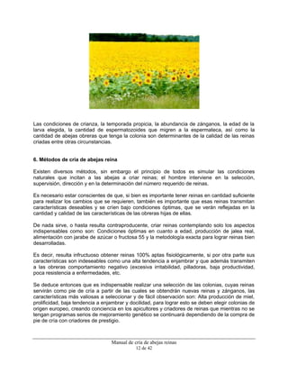 Manual de cría de abejas reinas
12 de 42
Las condiciones de crianza, la temporada propicia, la abundancia de zánganos, la edad de la
larva elegida, la cantidad de espermatozoides que migren a la espermateca, así como la
cantidad de abejas obreras que tenga la colonia son determinantes de la calidad de las reinas
criadas entre otras circunstancias.
6. Métodos de cría de abejas reina
Existen diversos métodos, sin embargo el principio de todos es simular las condiciones
naturales que incitan a las abejas a criar reinas; el hombre interviene en la selección,
supervisión, dirección y en la determinación del número requerido de reinas.
Es necesario estar conscientes de que, si bien es importante tener reinas en cantidad suficiente
para realizar los cambios que se requieren, también es importante que esas reinas transmitan
características deseables y se críen bajo condiciones óptimas, que se verán reflejadas en la
cantidad y calidad de las características de las obreras hijas de ellas.
De nada sirve, o hasta resulta contraproducente, criar reinas contemplando solo los aspectos
indispensables como son: Condiciones óptimas en cuanto a edad, producción de jalea real,
alimentación con jarabe de azúcar o fructosa 55 y la metodología exacta para lograr reinas bien
desarrolladas.
Es decir, resulta infructuoso obtener reinas 100% aptas fisiológicamente, si por otra parte sus
características son indeseables como una alta tendencia a enjambrar y que además transmiten
a las obreras comportamiento negativo (excesiva irritabilidad, pilladoras, baja productividad,
poca resistencia a enfermedades, etc.
Se deduce entonces que es indispensable realizar una selección de las colonias, cuyas reinas
servirán como pie de cría a partir de las cuales se obtendrán nuevas reinas y zánganos, las
características más valiosas a seleccionar y de fácil observación son: Alta producción de miel,
prolificidad, baja tendencia a enjambrar y docilidad, para lograr esto se deben elegir colonias de
origen europeo, creando conciencia en los apicultores y criadores de reinas que mientras no se
tengan programas serios de mejoramiento genético se continuará dependiendo de la compra de
pie de cría con criadores de prestigio.
 