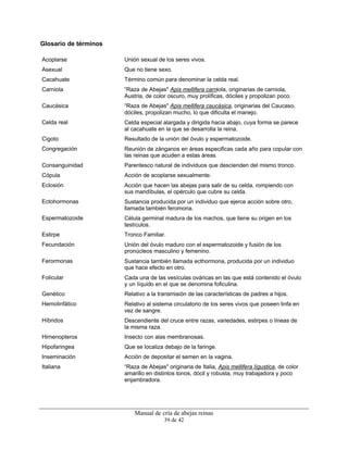 Manual de cría de abejas reinas
39 de 42
Glosario de términos
Acoplarse Unión sexual de los seres vivos.
Asexual Que no tiene sexo.
Cacahuate Término común para denominar la celda real.
Carniola “Raza de Abejas" Apis mellifera carniola, originarias de carniola,
Austria, de color oscuro, muy prolíficas, dóciles y propolizan poco.
Caucásica “Raza de Abejas" Apis mellifera caucásica, originarias del Caucaso,
dóciles, propolizan mucho, lo que dificulta el manejo.
Celda real Celda especial alargada y dirigida hacia abajo, cuya forma se parece
al cacahuate en la que se desarrolla la reina.
Cigoto Resultado de la unión del óvulo y espermatozoide.
Congregación Reunión de zánganos en áreas especificas cada año para copular con
las reinas que acuden a estas áreas
Consanguinidad Parentesco natural de individuos que descienden del mismo tronco.
Cópula Acción de acoplarse sexualmente.
Eclosión Acción que hacen las abejas para salir de su celda, rompiendo con
sus mandíbulas, el opérculo que cubre su celda.
Ectohormonas Sustancia producida por un individuo que ejerce acción sobre otro,
llamada también feromona.
Espermatozoide Célula germinal madura de los machos, que tiene su origen en los
testículos.
Estirpe Tronco Familiar.
Fecundación Unión del óvulo maduro con el espermatozoide y fusión de los
pronúcleos masculino y femenino.
Ferormonas Sustancia también llamada ecthormona, producida por un individuo
que hace efecto en otro.
Folicular Cada una de las vesículas ováricas en las que está contenido el óvulo
y un líquido en el que se denomina foficulina.
Genético Relativo a la transmisión de las características de padres a hijos.
Hemolinfático Relativo al sistema circulatorio de los seres vivos que poseen linfa en
vez de sangre.
Híbridos Descendiente del cruce entre razas, variedades, estirpes o líneas de
la misma raza.
Himenopteros Insecto con alas membranosas.
Hipofaringea Que se localiza debajo de la faringe.
Inseminación Acción de depositar el semen en la vagina.
Italiana “Raza de Abejas" originaria de Italia, Apis mellifera lígustica, de color
amarillo en distintos tonos, dócil y robusta, muy trabajadora y poco
enjambradora.
 