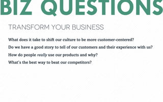 Transform your business
BIZ QUESTIONS
What does it take to shift our culture to be more customer-centered?
Do we have a good story to tell of our customers and their experience with us?
How do people really use our products and why?
Whats the best way to beat our competitors?
 