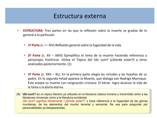 Estructura externa ESTRUCTURA:   Tres partes en las que la reflexión sobre la muerte se gradúa de lo general a lo particular: 1ª Parte  (c. I – XIV) Reflexión general sobre la fugacidad de la vida. 2ª Parte   (c. XV – XXIV) Ejemplifica el tema de la muerte haciendo referencia a personajes históricos. Utiliza el Tópico del Ubi sunt? (¿Dónde están?) y otros analizados posteriormente. (1) 3ª Parte  (c. XXV – XL): En la primera parte elogia las virtudes y las hazañas de su padre. En la segunda mitad aparece la Muerte, que dialoga con Rodrigo Manrique. Éste acepta su muerte con resignación cristiana. El héroe  logra alcanzar la vida de la fama y la gloria eterna. Ubi sunt?  es un tópico literario ya utilizado en la literatura clásica romana y transmitido tanto a las literaturas romances como a la literatura occidental.  Ubi sunt?  significa literalmente "¿Dónde están?"  y hace referencia a la fugacidad de las glorias mundanas, de los elementos del mundo terrenal y sensorial. Se usa para preguntar por personalidades ya desaparecidas.  