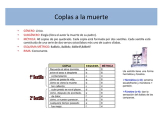 Coplas a la muerte GÉNERO:  Lírico .  SUBGÉNERO:  Elegía (llora el autor la muerte de su padre). MÉTRICA:  40 coplas de pie quebrado. Cada copla está formada por dos sextillas. Cada sextilla está constituida de una serie de dos versos octosílabos más uno de cuatro sílabas. ESQUEMA MÉTRICO : 8a8b4c, 8a8b4c; 8d8e4f,8d8e4f RIMA:  Consonante. Lla estrofa tiene una forma hermética y fúnebre. Hermética (v-8):  simetría escalofriante y monótona = panteón.  Fúnebre (v-4):   dan la sensación del doblas de las campanas. 1ª Sextilla 2ª Sextilla COPLA ESQUEMA MÉTRICA Recuerde el alma dormida,  a 8 avive el seso e despierte  b 8 contemplando  c 4 cómo se passa la vida,  a 8 cómo se viene la muerte  b 8 tan callando;  c 4 cuán presto se va el plazer,  d 8 cómo, después de acordado,  e 8 da dolor;  f 4 cómo, a nuestro parescer,  d 8 cualquiere tiempo passado  e 8 fue mejor. f 4 