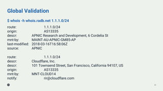 Global Validation
$ whois -h whois.radb.net 1.1.1.0/24
route: 1.1.1.0/24
origin: AS13335
descr: APNIC Research and Development, 6 Cordelia St
mnt-by: MAINT-AU-APNIC-GM85-AP
last-modified: 2018-03-16T16:58:06Z
source: APNIC
route: 1.1.1.0/24
descr: Cloudflare, Inc.
descr: 101 Townsend Street, San Francisco, California 94107, US
origin: AS13335
mnt-by: MNT-CLOUD14
notify: rir@cloudflare.com
33
 