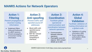 Action 3:
Coordination
Facilitate global
operational
communication and
coordination between
network operators
● Communication
between network
operators
● PeeringDB, route/AS
objects, NOC contact
details up to date
Action 2:
Anti-spoofing
Prevent traffic with
spoofed source IP
addresses
● Block traffic with
spoofed source
addresses
● BCP 38 / Unicast
reverse path
forwarding on
interfaces
MANRS Actions for Network Operators
Action 1:
Filtering
Prevent propagation of
incorrect routing
information
● Implement filters
(Inbound/Outbound)
on eBGP sessions
● Prevent propagation
of incorrect routing
information
Action 4:
Global
Validation
Facilitate validation of
routing information on
a global scale
● Validation of routing
information (IRR)
● Route origination
authorization (ROA)
and validation
11
Blue shading = Mandatory Action
MANRS Implementation Guide https://www.manrs.org/isps/bcop/
 