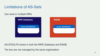 Limitations of AS-Sets
Can exist in multiple IRRs
AS-STEALTH exists in both the RIPE Database and RADB
The two are not man...