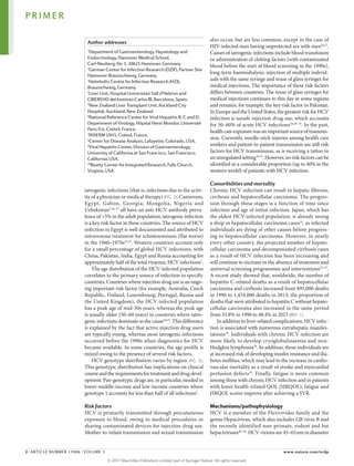 iatrogenic infections (that is, infections due to the activ­
ity of a physician or medical therapy) (FIG. 2). Cameroon,
Egypt, Gabon, Georgia, Mongolia, Nigeria and
Uzbekistan2,16–21
all have an anti-HCV antibody preva­
lence of >5% in the adult population; iatrogenic infection
is a key risk factor in these countries. The source of HCV
infection in Egypt is well documented and attributed to
intravenous treatment for schistosomiasis (flat worm)
in the 1960–1970s22,23
. Western countries account only
for a small percentage of global HCV infections, with
China, Pakistan, India, Egypt and Russia accounting for
approximately half of the total viraemic HCV infections2
.
The age distribution of the HCV-infected population
correlates to the primary source of infection in specific
countries. Countries where injection drug use is an ongo­
ing important risk factor (for example, Australia, Czech
Republic, Finland, Luxembourg, Portugal, Russia and
the United Kingdom), the HCV-infected population
has a peak age of mid‑30s years, whereas the peak age
is usually older (50–60 years) in countries where iatro­
genic infections dominate as the cause24,25
. This difference
is explained by the fact that active injection drug users
are typically young, whereas most iatrogenic infections
occurred before the 1990s when diagnostics for HCV
became available. In some countries, the age profile is
mixed owing to the presence of several risk factors.
HCV genotype distribution varies by region (FIG. 3).
This genotypic distribution has implications on clinical
courseandtherequirementsfortreatmentanddrugdevel­
opment. Pan-genotypic drugs are, in particular, needed in
lower-middle-income and low-income ­
countries where
genotype 1 accounts for less than half of all infections2
.
Risk factors
HCV is primarily transmitted through percutaneous
exposure to blood, owing to medical procedures or
sharing contaminated devices for injection drug use.
Mother-to‑infant transmission and sexual transmission
also occur, but are less common, except in the case of
HIV-infected men having unprotected sex with men26,27
.
Causes of iatrogenic infections include blood transfusion
or administration of clotting factors (with contaminated
blood before the start of blood screening in the 1990s),
long-term haemodialysis, injection of multiple individ­
uals with the same syringe and reuse of glass syringes for
medical injections. The importance of these risk factors
differs between countries. The reuse of glass syringes for
medical injections continues to this day in some regions
and remains, for example, the key risk factor in Pakistan.
In Europe and the United States, the greatest risk for HCV
infection is unsafe injection drug use, which accounts
for 50–60% of acute HCV infections24,28–31
. In the past,
healthcareexposurewasanimportantsourceoftransmis­
sion. Currently, needle-stick injuries among health care
workers and patient-to‑patient transmission are still risk
factors for HCV transmission, as is receiving a tattoo in
an unregulated setting32,33
. However, no risk factors can be
identified in a considerable proportion (up to 40% in the
western world) of patients with HCV infection.
Comorbidities and mortality
Chronic HCV infection can result in hepatic fibrosis,
cirrhosis and hepatocellular carcinoma. The progres­
sion through these stages is a function of time since
infection and age of initial infection. Japan, which has
the oldest HCV-infected population, is already seeing
a drop in hepatocellular carcinoma cases34
, as infected
individuals are dying of other causes before progress­
ing to hepato­
cellular carcinoma. However, in nearly
every other country, the projected number of hepato­
cellular carcinoma and decompensated cirrhosis cases
as a result of HCV infection has been increasing and
will continue to increase in the absence of treatment and
universal screening programmes and interventions35–37
.
A recent study showed that, worldwide, the number of
hepatitis C-related deaths as a result of hepatocellular
carcinoma and cirrhosis increased from 895,000 deaths
in 1990 to 1,454,000 deaths in 2013; the proportion of
deaths that were attributed to hepatitis C without hepato­
cellular carcinoma also increased in the same period
from 33.8% in 1990 to 48.4% in 2015 (REF. 1).
In addition to liver-related complications, HCV infec­
tion is associated with numerous extrahepatic manifes­
tations38
. Individuals with chronic HCV infection are
more likely to develop cryoglobulinaemia and non-­
Hodgkin lymphoma38
. In addition, these individ­uals are
at increased risk of developing insulin resistance and dia­
betes mellitus, which may lead to the increase in cardio­
vascular mortality as a result of stroke and myo­
cardial
perfusion defects39
. Finally, fatigue is more common
among those with chronic HCV infection and in patients
with lower health-related QOL (HRQOL); fatigue and
HRQOL scores improve after achieving a SVR.
Mechanisms/pathophysiology
HCV is a member of the Flaviviridae family and the
genus Hepacivirus, which also includes GB virus B and
the recently identified non-primate, rodent and bat
hepaci­viruses40–44
. HCV virions are 45–65nm in diameter
Author addresses
1
Department of Gastroenterology, Hepatology and
Endocrinology, Hannover Medical School,
Carl-Neuberg-Str. 1, 30625 Hannover, Germany.
2
German Center for Infection Research (DZIF), Partner Site
Hannover-Braunschweig, Germany.
3
Helmholtz Centre for Infection Research (HZI),
Braunschweig, Germany.
4
Liver Unit, Hospital Universitari Vall d’Hebron and
CIBEREHD del Instituto Carlos III, Barcelona, Spain.
5
New Zealand Liver Transplant Unit, Auckland City
Hospital, Auckland, New Zealand.
6
National Reference Center for Viral Hepatitis B, C and D,
Department of Virology, Hôpital Henri Mondor, Université
Paris-Est, Créteil, France.
7
INSERM U955, Créteil, France.
8
Center for Disease Analysis, Lafayette, Colorado, USA.
9
Viral Hepatitis Center, Division of Gastroenterology,
University of California at San Francisco, San Francisco,
California, USA.
10
Beatty Center for Integrated Research, Falls Church,
Virginia, USA.
PRIMER
2 | ARTICLE NUMBER 17006 | VOLUME 3 www.nature.com/nrdp
©
2
0
1
7
M
a
c
m
i
l
l
a
n
P
u
b
l
i
s
h
e
r
s
L
i
m
i
t
e
d
,
p
a
r
t
o
f
S
p
r
i
n
g
e
r
N
a
t
u
r
e
.
A
l
l
r
i
g
h
t
s
r
e
s
e
r
v
e
d
.
 