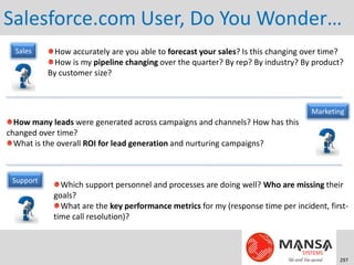 Salesforce.com User, Do You Wonder…
  Sales      How accurately are you able to forecast your sales? Is this changing over time?
             How is my pipeline changing over the quarter? By rep? By industry? By product?
           By customer size?



                                                                                   Marketing
  How many leads were generated across campaigns and channels? How has this
changed over time?
  What is the overall ROI for lead generation and nurturing campaigns?



 Support
              Which support personnel and processes are doing well? Who are missing their
            goals?
              What are the key performance metrics for my (response time per incident, first-
            time call resolution)?



                                                                                           297
 