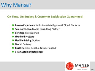 Why Mansa?
  On Time, On Budget & Customer Satisfaction Guaranteed!

       Proven Experience in Business Intelligence & Cloud Platform
       Salesforce.com Global Consulting Partner
       Certified Professionals
       Fixed Bid Projects
       Flexible Pricing Options
       Global Delivery
       Cost Effective, Reliable & Experienced
       Best Customer References




                                                                     297
 