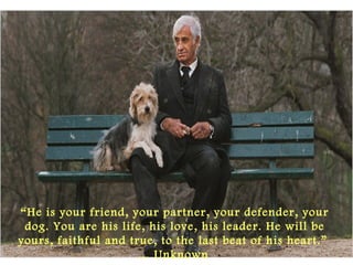 “He is your friend, your partner, your defender, your
dog. You are his life, his love, his leader. He will be
yours, faithful and true, to the last beat of his heart.”
… Unknown 
 