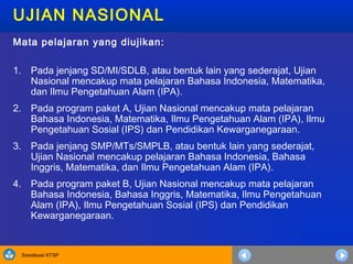 Sosialisasi KTSP
UJIAN NASIONAL
Mata pelajaran yang diujikan:
1. Pada jenjang SD/MI/SDLB, atau bentuk lain yang sederajat, Ujian
Nasional mencakup mata pelajaran Bahasa Indonesia, Matematika,
dan Ilmu Pengetahuan Alam (IPA).
2. Pada program paket A, Ujian Nasional mencakup mata pelajaran
Bahasa Indonesia, Matematika, Ilmu Pengetahuan Alam (IPA), Ilmu
Pengetahuan Sosial (IPS) dan Pendidikan Kewarganegaraan.
3. Pada jenjang SMP/MTs/SMPLB, atau bentuk lain yang sederajat,
Ujian Nasional mencakup pelajaran Bahasa Indonesia, Bahasa
Inggris, Matematika, dan Ilmu Pengetahuan Alam (IPA).
4. Pada program paket B, Ujian Nasional mencakup mata pelajaran
Bahasa Indonesia, Bahasa Inggris, Matematika, Ilmu Pengetahuan
Alam (IPA), Ilmu Pengetahuan Sosial (IPS) dan Pendidikan
Kewarganegaraan.
 