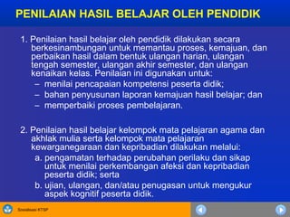 Sosialisasi KTSP
PENILAIAN HASIL BELAJAR OLEH PENDIDIK
1. Penilaian hasil belajar oleh pendidik dilakukan secara
berkesinambungan untuk memantau proses, kemajuan, dan
perbaikan hasil dalam bentuk ulangan harian, ulangan
tengah semester, ulangan akhir semester, dan ulangan
kenaikan kelas. Penilaian ini digunakan untuk:
– menilai pencapaian kompetensi peserta didik;
– bahan penyusunan laporan kemajuan hasil belajar; dan
– memperbaiki proses pembelajaran.
2. Penilaian hasil belajar kelompok mata pelajaran agama dan
akhlak mulia serta kelompok mata pelajaran
kewarganegaraan dan kepribadian dilakukan melalui:
a. pengamatan terhadap perubahan perilaku dan sikap
untuk menilai perkembangan afeksi dan kepribadian
peserta didik; serta
b. ujian, ulangan, dan/atau penugasan untuk mengukur
aspek kognitif peserta didik.
 