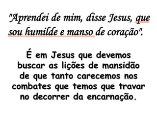 "Aprendei de mim, disse Jesus, que sou humilde e manso de coração". É em Jesus que devemos buscar as lições de mansidão de que tanto carecemos nos combates que temos que travar no decorrer da encarnação.