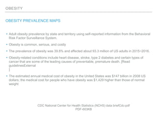 OBESITY
OBESITY PREVALENCE MAPS
▸Adult obesity prevalence by state and territory using self-reported information from the Behavioral
Risk Factor Surveillance System.
▸Obesity is common, serious, and costly
▸The prevalence of obesity was 39.8% and affected about 93.3 million of US adults in 2015~2016.
▸Obesity-related conditions include heart disease, stroke, type 2 diabetes and certain types of
cancer that are some of the leading causes of preventable, premature death. [Read
guidelinesExternal
]
▸The estimated annual medical cost of obesity in the United States was $147 billion in 2008 US
dollars; the medical cost for people who have obesity was $1,429 higher than those of normal
weight
CDC National Center for Health Statistics (NCHS) data briefCdc-pdf
PDF-603KB
 