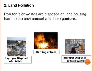 2. Land Pollution

Pollutants or wastes are disposed on land causing
harm to the environment and the organisms.




                    Burning of trees

Improper Disposal                      Improper Disposal
   of rubbish                             of toxic waste
 