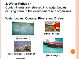 3. Water Pollution
Contaminants are released into water bodies
causing harm to the environment and organisms.

Water bodies: Oceans, Rivers and Drains



                                Untreated sewage

          Pesticides




 Improper disposal of rubbish
                                   Oil Spillage
 