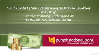‘Bad Credits (Non-Performing Assets) in Banking
Industry’
For the training undergone at
‘PUNJAB NATIONAL BANK’
 