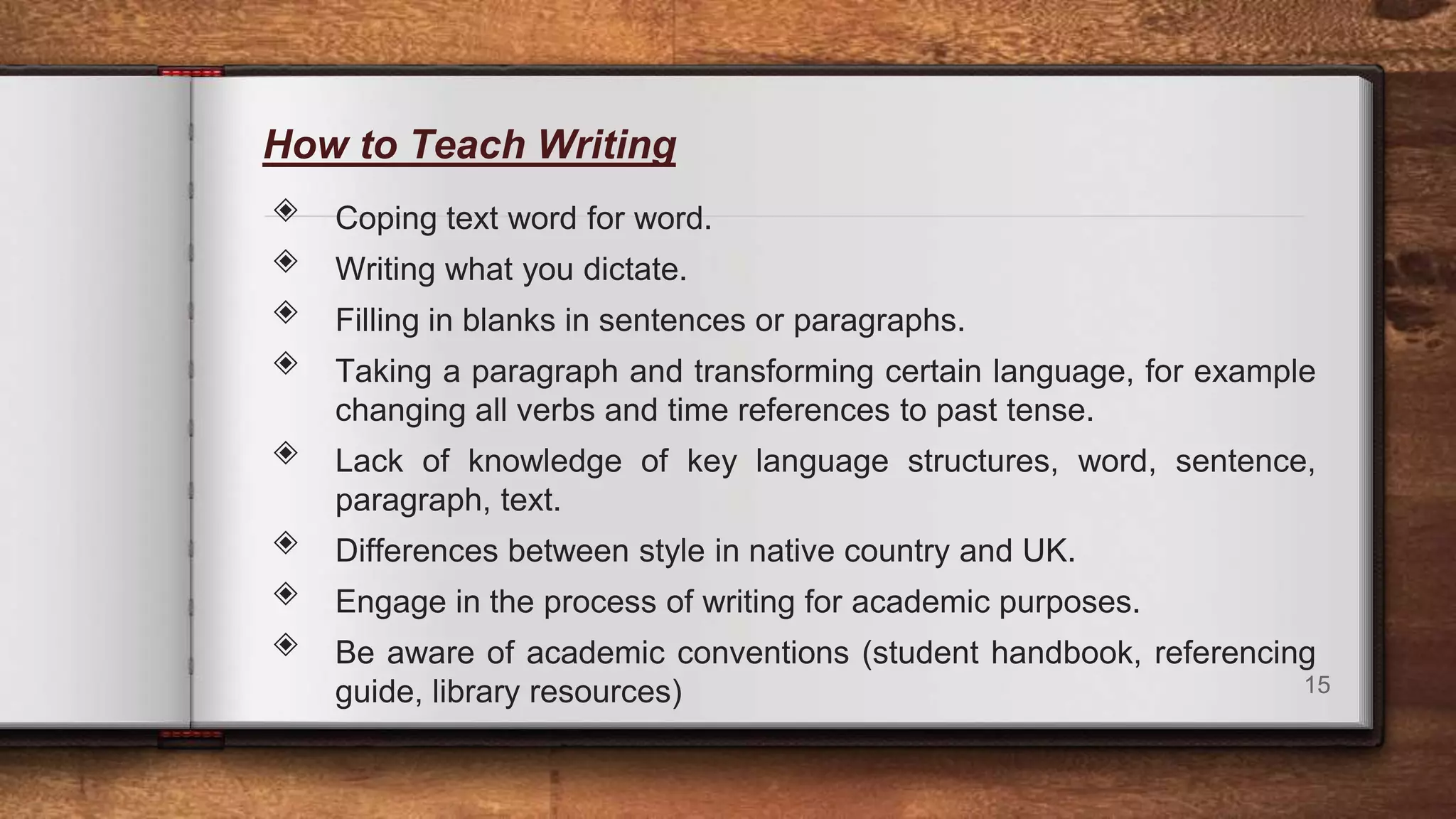 How to Teach Writing
◈ Coping text word for word.
◈ Writing what you dictate.
◈ Filling in blanks in sentences or paragraphs.
◈ Taking a paragraph and transforming certain language, for example
changing all verbs and time references to past tense.
◈ Lack of knowledge of key language structures, word, sentence,
paragraph, text.
◈ Differences between style in native country and UK.
◈ Engage in the process of writing for academic purposes.
◈ Be aware of academic conventions (student handbook, referencing
guide, library resources) 15
 