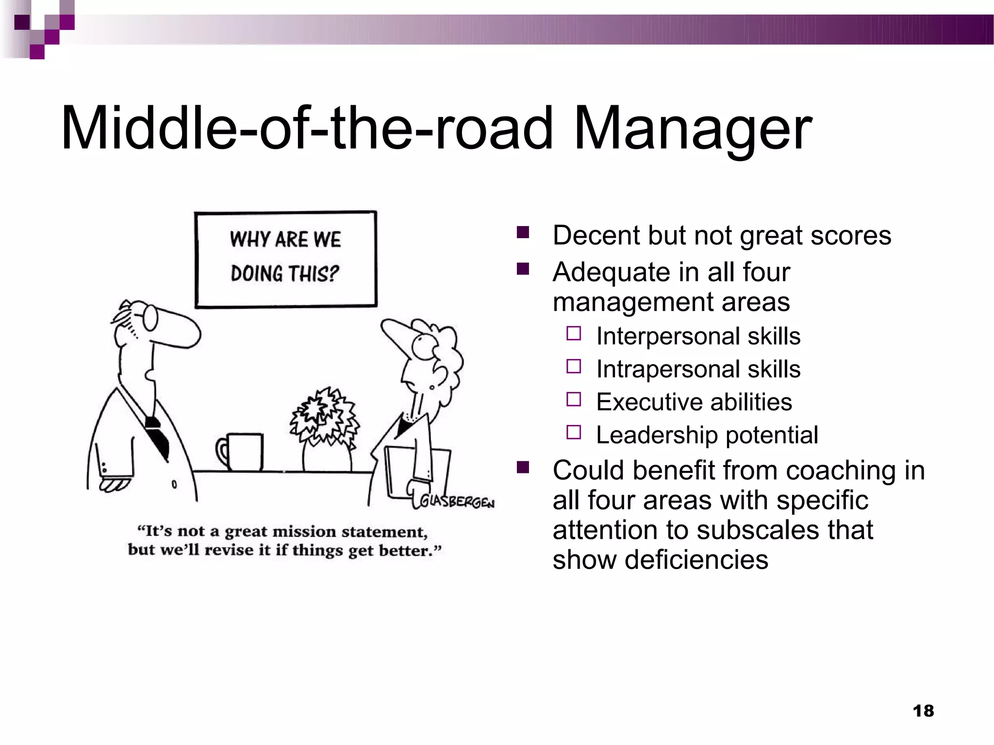 Middle-of-the-road Manager
                  Decent but not great scores
                  Adequate in all four
                   management areas
                    Interpersonal skills
                    Intrapersonal skills
                    Executive abilities
                    Leadership potential
                  Could benefit from coaching in
                   all four areas with specific
                   attention to subscales that
                   show deficiencies




                                                 18
 