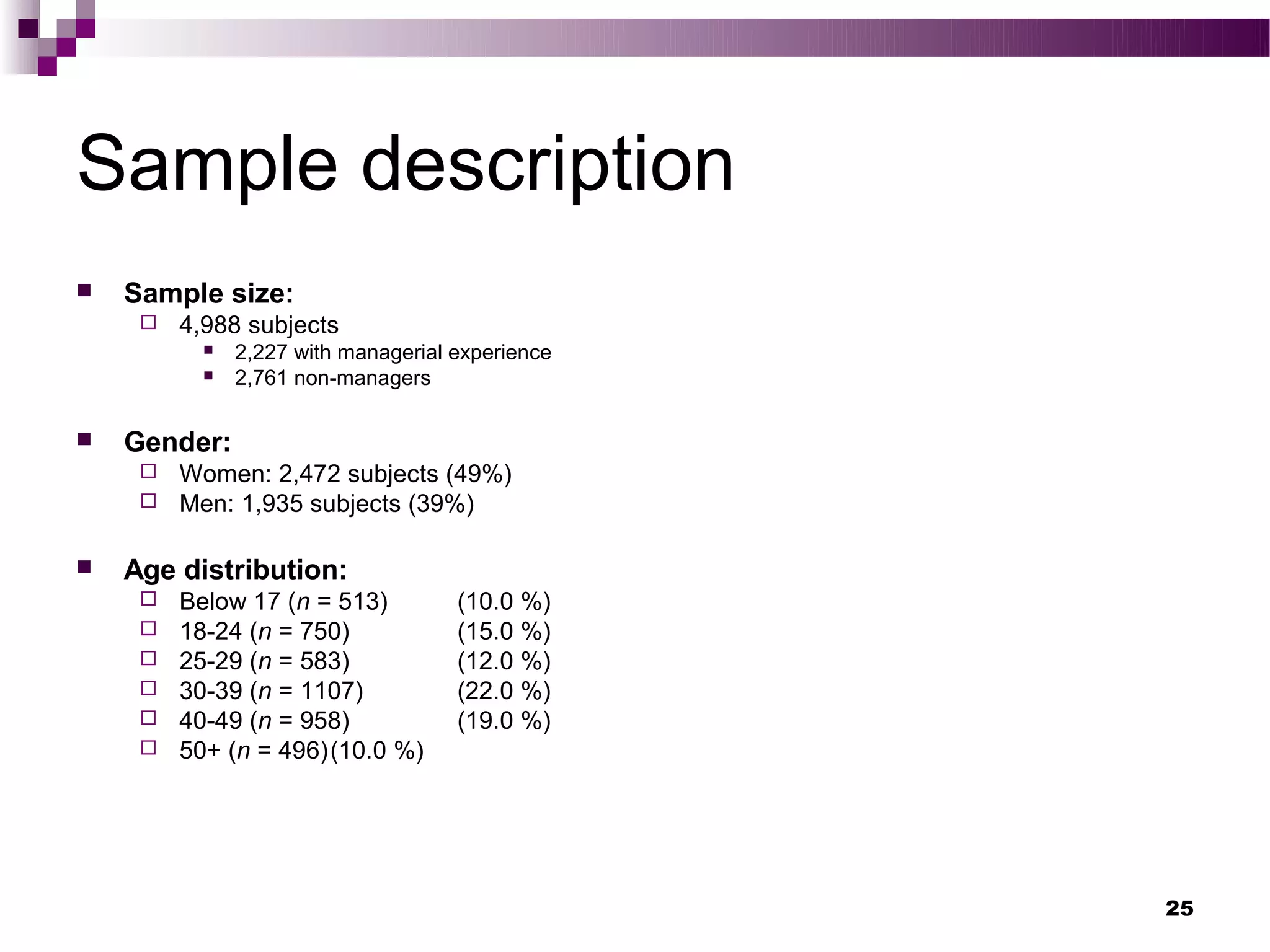 Sample description
   Sample size:
        4,988 subjects
              2,227 with managerial experience
              2,761 non-managers

   Gender:
        Women: 2,472 subjects (49%)
        Men: 1,935 subjects (39%)

   Age distribution:
        Below 17 (n = 513)          (10.0 %)
        18-24 (n = 750)             (15.0 %)
        25-29 (n = 583)             (12.0 %)
        30-39 (n = 1107)            (22.0 %)
        40-49 (n = 958)             (19.0 %)
        50+ (n = 496)(10.0 %)




                                                  25
 