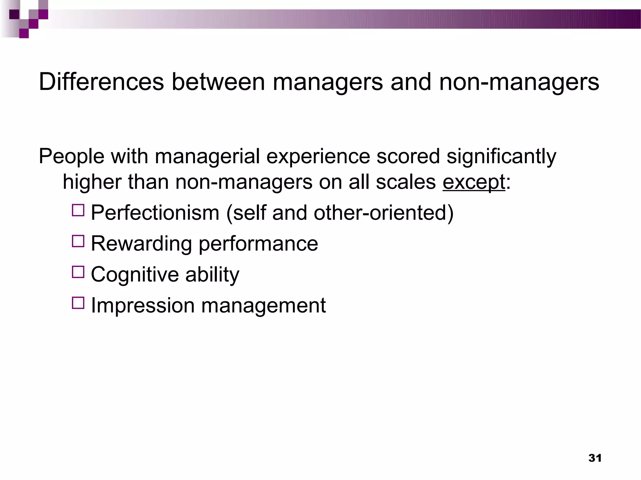 Differences between managers and non-managers

People with managerial experience scored significantly
  higher than non-managers on all scales except:
    Perfectionism (self and other-oriented)
    Rewarding performance
    Cognitive ability
    Impression management




                                                         31
 