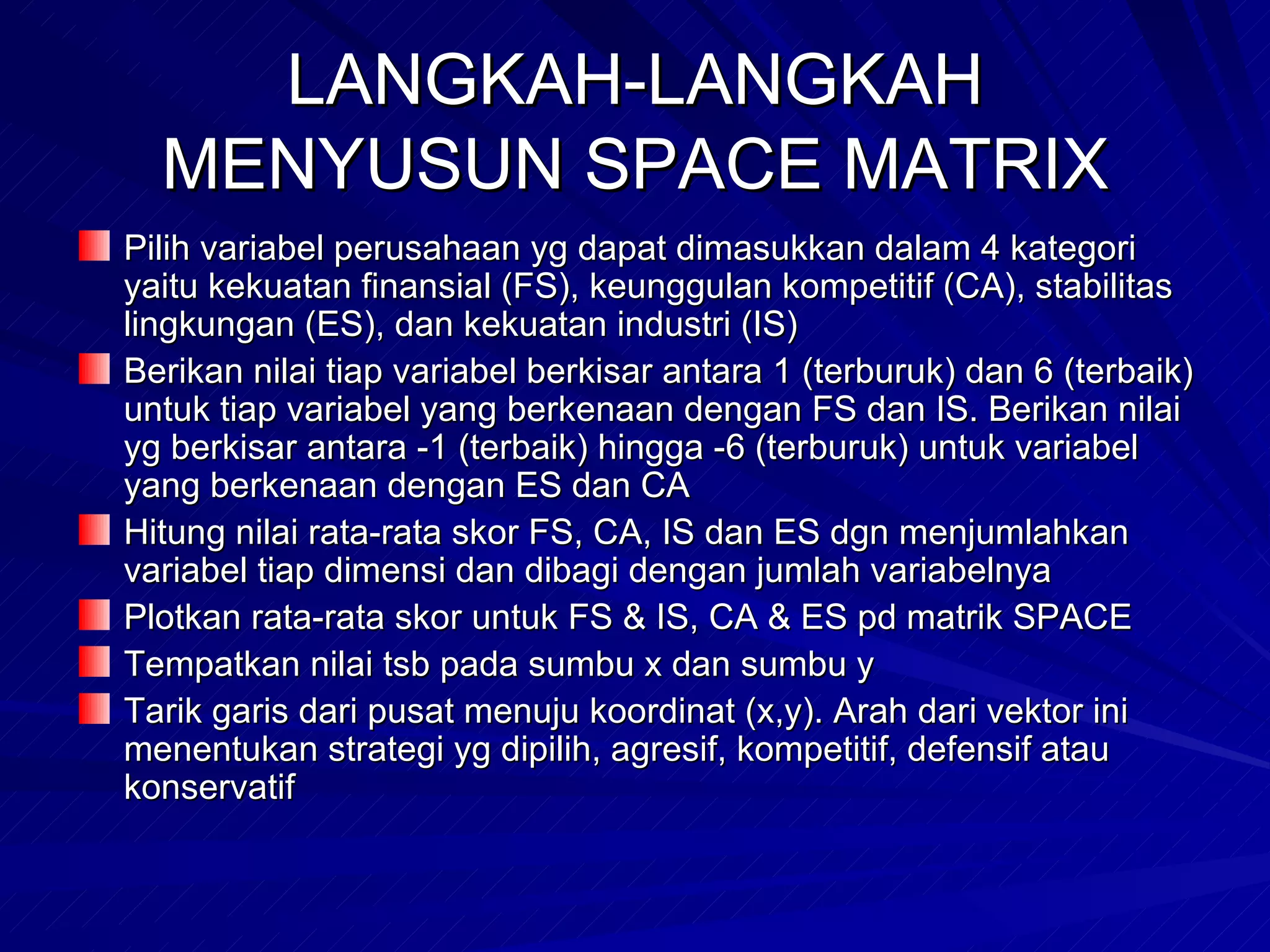 LANGKAH-LANGKAH MENYUSUN SPACE MATRIX Pilih variabel perusahaan yg dapat dimasukkan dalam 4 kategori yaitu kekuatan finansial (FS), keunggulan kompetitif (CA), stabilitas lingkungan (ES), dan kekuatan industri (IS) Berikan nilai tiap variabel berkisar antara 1 (terburuk) dan 6 (terbaik) untuk tiap variabel yang berkenaan dengan FS dan IS. Berikan nilai yg berkisar antara -1 (terbaik) hingga -6 (terburuk) untuk variabel yang berkenaan dengan ES dan CA Hitung nilai rata-rata skor FS, CA, IS dan ES dgn menjumlahkan variabel tiap dimensi dan dibagi dengan jumlah variabelnya Plotkan rata-rata skor untuk FS & IS, CA & ES pd matrik SPACE Tempatkan nilai tsb pada sumbu x dan sumbu y Tarik garis dari pusat menuju koordinat (x,y). Arah dari vektor ini menentukan strategi yg dipilih, agresif, kompetitif, defensif atau konservatif  