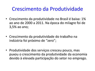 Crescimento da Produtividade
• Crescimento da produtividade no Brasil é baixa: 1%
ao ano de 2000 a 2011. Na época do milagre foi de
3,5% ao ano;
• Crescimento da produtividade do trabalho na
indústria foi próximo de “zero”;
• Produtividade dos serviços cresceu pouco, mas
puxou o crescimento da produtividade da economia
devido à elevada participação do setor no emprego.
 