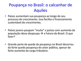 Poupança no Brasil: o calcanhar de
Aquiles
• Países aumentam sua poupança ao longo do seu
processo de crescimento. Isso facilita o financiamento
sustentável do crescimento;
• Países jovens poupam “muito” e países com aumento da
população idosa despoupa  o futuro do Brasil. O que
fazer?
• Grande parte da queda da poupança no Brasil decorreu
da forte queda poupança do setor público, apesar do
forte aumento da carga tributária.
 