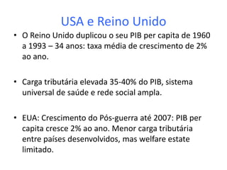 USA e Reino Unido
• O Reino Unido duplicou o seu PIB per capita de 1960
a 1993 – 34 anos: taxa média de crescimento de 2%
ao ano.
• Carga tributária elevada 35-40% do PIB, sistema
universal de saúde e rede social ampla.
• EUA: Crescimento do Pós-guerra até 2007: PIB per
capita cresce 2% ao ano. Menor carga tributária
entre países desenvolvidos, mas welfare estate
limitado.
 