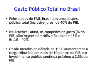 Gasto Público Total no Brasil
• Pelos dados do FMI, Brasil tem uma despesa
pública total (inclusive juros) de 40% do PIB.
• Na América Latina, os campeões de gasto (% do
PIB) são: Argentina = 46% e Equador = 43% e
Brasil = 40%.
• Desde meados da década de 1990 aumentamos a
carga tributária em mais de 10 pontos do PIB, e o
investimento público continua próximo a 2,5% do
PIB.
 