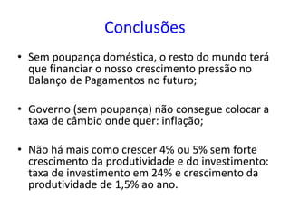 Conclusões
• Sem poupança doméstica, o resto do mundo terá
que financiar o nosso crescimento pressão no
Balanço de Pagamentos no futuro;
• Governo (sem poupança) não consegue colocar a
taxa de câmbio onde quer: inflação;
• Não há mais como crescer 4% ou 5% sem forte
crescimento da produtividade e do investimento:
taxa de investimento em 24% e crescimento da
produtividade de 1,5% ao ano.
 