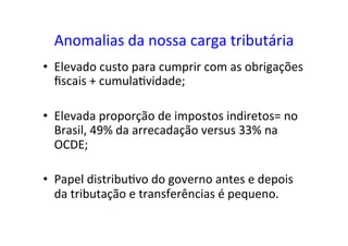 Anomalias	
  da	
  nossa	
  carga	
  tributária	
  
•  Elevado	
  custo	
  para	
  cumprir	
  com	
  as	
  obrigações	
  
ﬁscais	
  +	
  cumula=vidade;	
  
•  Elevada	
  proporção	
  de	
  impostos	
  indiretos=	
  no	
  
Brasil,	
  49%	
  da	
  arrecadação	
  versus	
  33%	
  na	
  
OCDE;	
  	
  
•  Papel	
  distribu=vo	
  do	
  governo	
  antes	
  e	
  depois	
  
da	
  tributação	
  e	
  transferências	
  é	
  pequeno.	
  	
  
 