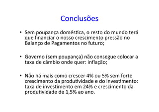 Conclusões	
  
•  Sem	
  poupança	
  domés=ca,	
  o	
  resto	
  do	
  mundo	
  terá	
  
que	
  ﬁnanciar	
  o	
  nosso	
  crescimento	
  pressão	
  no	
  
Balanço	
  de	
  Pagamentos	
  no	
  futuro;	
  
•  Governo	
  (sem	
  poupança)	
  não	
  consegue	
  colocar	
  a	
  
taxa	
  de	
  câmbio	
  onde	
  quer:	
  inﬂação;	
  
•  Não	
  há	
  mais	
  como	
  crescer	
  4%	
  ou	
  5%	
  sem	
  forte	
  
crescimento	
  da	
  produ=vidade	
  e	
  do	
  inves=mento:	
  
taxa	
  de	
  inves=mento	
  em	
  24%	
  e	
  crescimento	
  da	
  
produ=vidade	
  de	
  1,5%	
  ao	
  ano.	
  	
  
 