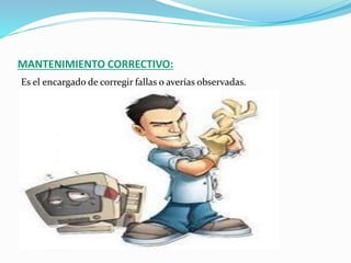 MANTENIMIENTO CORRECTIVO:
Es el encargado de corregir fallas o averías observadas.
 