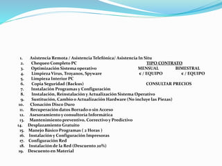 1. Asistencia Remota / Asistencia Telefónica/ Asistencia In Situ
2. Chequeo Completo PC TIPO CONTRATO
3. Optimización Sistema operativo MENSUAL BIMESTRAL
4. Limpieza Virus, Troyanos, Spyware € / EQUIPO € / EQUIPO
5. Limpieza Interior PC
6. Copia Seguridad (Backus) CONSULTAR PRECIOS
7. Instalación Programas y Configuración
8. Instalación, Reinstalación y Actualización Sistema Operativo
9. Sustitución, Cambio o Actualización Hardware (No incluye las Piezas)
10. Clonación Disco Duro
11. Recuperación datos Borrado o sin Acceso
12. Asesoramiento y consultoría Informática
13. Mantenimiento preventivo, Correctivo y Predictivo
14. Desplazamiento Gratuito
15. Manejo Básico Programas ( 2 Horas )
16. Instalación y Configuración Impresoras
17. Configuración Red
18. Instalación de la Red (Descuento 20%)
19. Descuento en Material
 