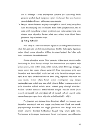 ada di dalamnya. Sistem penyimpanan dokumen (the repository) dalam
    program tersebut dapat mengontrol setiap penelusuran dan temu kembali
    yang dilakukan oleh user address dan nama tertentu.
 Dengan sistem document imaging memungkinkan banyak orang mengakses
    suatu dokumen yang sama secara cepat dalam waktu yang bersamaan. Hal ini
    dapat untuk mendukung kegiatan konferensi pada suatu ruangan yang sama
    ataupun dapat digunakan banyak pihak yang sedang berpartisipasi dalam
    pertemuan tingkat dunia sekaligus.
    c) Tahap Referensi

       Pada tahap ini, surat-surat tersebut digunakan dalam kegiatan administrasi
sehari-hari, dan surat tersebut diklarisifikasikan, diindeks (kalau perlu digunakan
tunjuk silang), selesai digunakan difilling (penataan berkaas) dan kalau perlu
dicari kembali atau ditemukan kembali.

       Dengan digunakan sistem filing (penataan berkas) dapat mempermudah
dalam tahap ini. Pada dasarnya terdapat lima macam sistem penyimpanan arsip
(filing system), yaitu sistem abjad, sistem subjek, sistem kronologis (tanggal),
sistem nomor, dan sistem wilayah (geografis). Pada penyimpanan arsip yang
didasarkan atas sistem abjad, pemberian kode arsip disesuaikan dengan urutan
abjad. Kode abjad tersebut diindeks dari nama orang, organisasi atau badan lain
yang sejenis. Sistem subjek berarti sistem penyimpanan arsip dengan
mendasarkan pada perihal surat atau pokok isi surat. Dalam penerapan sistem ini
perlu ditentukan terlebih dahulu pokok masalah yang dihadapi sehari-hari.
Masalah tersebut kemudian diklasifikasikan menjadi masalah utama (main
subject), sub masalah (sub subject) dan sub-sub masalah (sub-sub subject). Untuk
memperlancar penerapan sistem subjek ini perlu dibuat indeks subjek.

       Penyimpanan arsip dengan sistem kronologis adalah penyimpanan yang
didasarkan atas tanggal surat atau tanggal penerimaan surat. Untuk surat masuk,
penyimpanannya didasarkan atas tanggal penerimaan surat. Tetapi untuk surat
keluar, arsipnya disimpan berdasarkan tanggal yang tertera pada surat.
Penyimpanan arsip dengan sistem nomor berarti penyimpanan yang didasarkan




                                                                                10
 