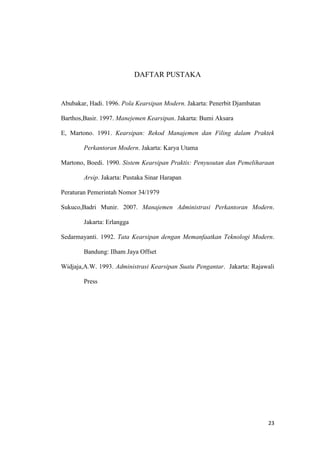 DAFTAR PUSTAKA


Abubakar, Hadi. 1996. Pola Kearsipan Modern. Jakarta: Penerbit Djambatan

Barthos,Basir. 1997. Manejemen Kearsipan. Jakarta: Bumi Aksara

E, Martono. 1991. Kearsipan: Rekod Manajemen dan Filing dalam Praktek

        Perkantoran Modern. Jakarta: Karya Utama

Martono, Boedi. 1990. Sistem Kearsipan Praktis: Penyusutan dan Pemeliharaan

        Arsip. Jakarta: Pustaka Sinar Harapan

Peraturan Pemerintah Nomor 34/1979

Sukuco,Badri Munir. 2007. Manajemen Administrasi Perkantoran Modern.

        Jakarta: Erlangga

Sedarmayanti. 1992. Tata Kearsipan dengan Memanfaatkan Teknologi Modern.

        Bandung: Ilham Jaya Offset

Widjaja,A.W. 1993. Administrasi Kearsipan Suatu Pengantar. Jakarta: Rajawali

        Press




                                                                           23
 