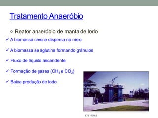 Tratamento Anaeróbio
 Reator anaeróbio de manta de lodo
 A biomassa cresce dispersa no meio
 A biomassa se aglutina formando grânulos
 Fluxo de líquido ascendente
 Formação de gases (CH4 e CO2)
 Baixa produção de lodo
ETE - UFES
 