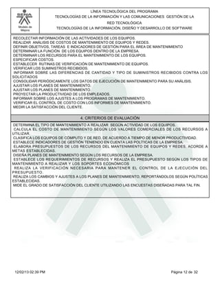 Modelo de
Mejora
LÍNEA TECNOLÓGICA DEL PROGRAMA
TECNOLOGÍAS DE LA INFORMACIÓN Y LAS COMUNICACIONES GESTIÓN DE LA
RED TECNOLÓGICA
TECNOLOGÍAS DE LA INFORMACIÓN, DISEÑO Y DESARROLLO DE SOFTWARE
RECOLECTAR INFORMACIÓN DE LAS ACTIVIDADES DE LOS EQUIPOS.
REALIZAR ANÁLISIS DE COSTOS DE MANTENIMIENTO DE EQUIPOS Y REDES.
DEFINIR OBJETIVOS, TAREAS E INDICADORES DE GESTIÓN PARA EL ÁREA DE MANTENIMIENTO
DETERMINAR LA FUNCIÓN DE LOS EQUIPOS DENTRO DE LA EMPRESA.
DETERMINAR LOS RECURSOS PARA EL MANTENIMIENTO DE LOS EQUIPOS.
ESPECIFICAR COSTOS.
ESTABLECER RUTINAS DE VERIFICACIÓN DE MANTENIMIENTO DE EQUIPOS.
VERIFICAR LOS SUMINISTROS RECIBIDOS.
INFORMAR SOBRE LAS DIFERENCIAS DE CANTIDAD Y TIPO DE SUMINISTROS RECIBIDOS CONTRA LOS
SOLICITADOS
CONSOLIDAR PERIÓDICAMENTE LOS DATOS DE EJECUCIÓN DE MANTENIMIENTO PARA SU ANÁLISIS.
AJUSTAR LOS PLANES DE MANTENIMIENTO.
AJUSTAR LOS PLANES DE MANTENIMIENTO.
PROYECTAR LA PRODUCTIVIDAD DE LOS EMPLEADOS.
INFORMAR SOBRE LOS AJUSTES A LOS PROGRAMAS DE MANTENIMIENTO.
VERIFICAR EL CONTROL DE COSTO CON LOS INFORMES DE MANTENIMIENTO.
MEDIR LA SATISFACCIÓN DEL CLIENTE.
4. CRITERIOS DE EVALUACIÓN
DETERMINA EL TIPO DE MANTENIMIENTO A REALIZAR SEGÚN ACTIVIDAD DE LOS EQUIPOS.
CALCULA EL COSTO DE MANTENIMIENTO SEGÚN LOS VALORES COMERCIALES DE LOS RECURSOS A
UTILIZAR.
CLASIFICA LOS EQUIPOS DE CÓMPUTO Y DE RED, DE ACUERDO A TIEMPO DE MENOR PRODUCTIVIDAD.
ESTABLECE INDICADORES DE GESTIÓN TENIENDO EN CUENTA LAS POLÍTICAS DE LA EMPRESA.
ELABORA PRESUPUESTOS DE LOS RECURSOS DEL MANTENIMIENTO DE EQUIPOS Y REDES, ACORDE A
METAS ESTABLECIDAS.
DISEÑA PLANES DE MANTENIMIENTO SEGÚN LOS RECURSOS DE LA EMPRESA.
ESTABLECE LOS REQUERIMIENTOS DE RECURSOS Y REALIZA EL PRESUPUESTO SEGÚN LOS TIPOS DE
MANTENIMIENTO A REALIZAR Y LOS SOPORTES ECONÓMICOS
REALIZA LA VERIFICACIÓN NECESARIA PARA MANTENER EL CONTROL DE LA EJECUCIÓN DEL
PRESUPUESTO.
REALIZA LOS CAMBIOS Y AJUSTES A LOS PLANES DE MANTENIMIENTO, REPORTÁNDOLOS SEGÚN POLÍTICAS
ESTABLECIDAS.
MIDE EL GRADO DE SATISFACCIÓN DEL CLIENTE UTILIZANDO LAS ENCUESTAS DISEÑADAS PARA TAL FIN.
Página 12 de 3212/02/13 02:39 PM
 