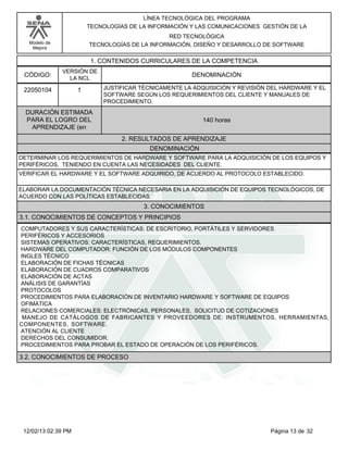 Modelo de
Mejora
LÍNEA TECNOLÓGICA DEL PROGRAMA
TECNOLOGÍAS DE LA INFORMACIÓN Y LAS COMUNICACIONES GESTIÓN DE LA
RED TECNOLÓGICA
TECNOLOGÍAS DE LA INFORMACIÓN, DISEÑO Y DESARROLLO DE SOFTWARE
1. CONTENIDOS CURRICULARES DE LA COMPETENCIA
DENOMINACIÓNCÓDIGO:
22050104
VERSIÓN DE
LA NCL
1
2. RESULTADOS DE APRENDIZAJE
JUSTIFICAR TÉCNICAMENTE LA ADQUISICIÓN Y REVISIÓN DEL HARDWARE Y EL
SOFTWARE SEGÚN LOS REQUERIMIENTOS DEL CLIENTE Y MANUALES DE
PROCEDIMIENTO.
DURACIÓN ESTIMADA
PARA EL LOGRO DEL
APRENDIZAJE (en
140 horas
DENOMINACIÓN
DETERMINAR LOS REQUERIMIENTOS DE HARDWARE Y SOFTWARE PARA LA ADQUISICIÓN DE LOS EQUIPOS Y
PERIFÉRICOS, TENIENDO EN CUENTA LAS NECESIDADES DEL CLIENTE.
VERIFICAR EL HARDWARE Y EL SOFTWARE ADQUIRIDO, DE ACUERDO AL PROTOCOLO ESTABLECIDO.
ELABORAR LA DOCUMENTACIÓN TÉCNICA NECESARIA EN LA ADQUISICIÓN DE EQUIPOS TECNOLÓGICOS, DE
ACUERDO CON LAS POLÍTICAS ESTABLECIDAS.
3. CONOCIMIENTOS
3.1. CONOCIMIENTOS DE CONCEPTOS Y PRINCIPIOS
COMPUTADORES Y SUS CARACTERÍSTICAS: DE ESCRITORIO, PORTÁTILES Y SERVIDORES
PERIFÉRICOS Y ACCESORIOS
SISTEMAS OPERATIVOS: CARACTERÍSTICAS, REQUERIMIENTOS.
HARDWARE DEL COMPUTADOR: FUNCIÓN DE LOS MÓDULOS COMPONENTES
INGLES TÉCNICO
ELABORACIÓN DE FICHAS TÉCNICAS
ELABORACIÓN DE CUADROS COMPARATIVOS
ELABORACIÓN DE ACTAS
ANÁLISIS DE GARANTÍAS
PROTOCOLOS
PROCEDIMIENTOS PARA ELABORACIÓN DE INVENTARIO HARDWARE Y SOFTWARE DE EQUIPOS
OFIMÁTICA
RELACIONES COMERCIALES: ELECTRÓNICAS, PERSONALES, SOLICITUD DE COTIZACIONES
MANEJO DE CATÁLOGOS DE FABRICANTES Y PROVEEDORES DE: INSTRUMENTOS, HERRAMIENTAS,
COMPONENTES, SOFTWARE.
ATENCIÓN AL CLIENTE
DERECHOS DEL CONSUMIDOR.
PROCEDIMIENTOS PARA PROBAR EL ESTADO DE OPERACIÓN DE LOS PERIFÉRICOS.
3.2. CONOCIMIENTOS DE PROCESO
Página 13 de 3212/02/13 02:39 PM
 