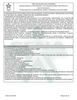 Modelo de
Mejora
LÍNEA TECNOLÓGICA DEL PROGRAMA
TECNOLOGÍAS DE LA INFORMACIÓN Y LAS COMUNICACIONES GESTIÓN DE LA
RED TECNOLÓGICA
TECNOLOGÍAS DE LA INFORMACIÓN, DISEÑO Y DESARROLLO DE SOFTWARE
FUNDAMENTOS DE PSTN (CONMUTACIÓN, RED DE ABONADO, PLANTA EXTERNA), SEÑALIZACIÓN TELEFÓNICA
IP (H.323, MGCP, IAX, SKINNY), CÓDECS DE VOZ, CALIDAD DE SERVICIO.
TRANSPORTE DE VOZ EN REDES IP (UDP, RTP)
DISPOSITIVOS: TELÉFONOS CONVENCIONALES E IP IP (SOFTPHONE, HARDPHONE, ATA, FUENTES DE
ENERGÍA), GATEWAY (DEDICADO O ENRUTADOR CON CAPACIDAD DE VOZ), GATEKEEPER, WIRELESS
CONTROLLER, PBX IP, CONSOLAS DE OPERADORA, DISPOSITIVOS DE PROTECCIÓN DE RED TELEFÓNICA.
SISTEMA DE CABLEADO ESTRUCTURADO: DEFINICIÓN, SUBSISTEMAS (HORIZONTAL, VERTICAL, ÁREA DE
TRABAJO, CUARTO DE TELECOMUNICACIONES, CUARTO DE EQUIPOS Y ENTRADA DE SERVICIOS).
COMPONENTES. ORGANIZACIONES MUNDIALES DE ESTANDARIZACIÓN (ISO / IEC, IEEE, ANSI/TIA/EIA).
ESTÁNDARES DE DELEGACIONES NACIONALES. NORMAS VIGENTES (EJEMPLOS: ANSI/EIA/TIA 568C, 569A, 607,
OTRAS) EN ESPAÑOL Y EN INGLÉS. DISEÑO. CERTIFICACIÓN. MANTENIMIENTO Y SOPORTE. COMPRENSIÓN
DEL TEMA EN ESPAÑOL E INGLÉS
SEGURIDAD DE REDES: CONCEPTO. VULNERABILIDADES. AMENAZAS. POLÍTICAS DE SEGURIDAD FÍSICA.
DOCUMENTACIÓN TÉCNICA: NORMAS. TÉCNICAS COMUNICACIÓN (ORAL Y ESCRITA). PLANOS.
HERRAMIENTAS (MS-VISIO, AUTOCAD, FLASH, OTROS).
SEGURIDAD EN EL LUGAR DE TRABAJO: SEGURIDAD E HIGIENE EN LA INSTALACIÓN. ASPECTOS DE
NORMATIVIDAD PARA LA SEGURIDAD PERSONAL Y AMBIENTAL. ACCIDENTES DE TRABAJO. AMBIENTES
PELIGROSOS.
3.2. CONOCIMIENTOS DE PROCESO
INTERPRETAR LA SOLUCIÓN PLANTEADA PARA LA OBRA.
APLICAR ESTÁNDARES INTERNACIONALES
IDENTIFICAR LAS NECESIDADES DEL CLIENTE
PROYECTAR EL SISTEMA DE CABLEADO ESTRUCTURADO
REGISTRAR LOS REQUERIMIENTOS Y ESPECIFICACIONES TÉCNICAS DEL SISTEMA DE CABLEADO
ESTRUCTURADO.
MANEJAR NORMAS TÉCNICAS
ADMINISTRAR RECURSOS
CONSULTAR DESARROLLOS TECNOLÓGICOS
INSTALAR EL CABLE A EMPLEAR
REALIZAR PRUEBAS DE CONECTIVIDAD
APLICAR NORMAS DE SEGURIDAD E HIGIENE
UTILIZAR EQUIPOS DE MEDICIÓN
COMPROBAR EL ESTADO DEL CABLEADO ESTRUCTURADO
SEGUIR PARÁMETROS ESTABLECIDOS PARA LA CERTIFICACIÓN DEL CABLEADO
REALIZAR EL MANTENIMIENTO PREVENTIVO Y CORRECTIVO Y/O ACTUALIZACIÓN DEL SISTEMA DE CABLEADO
ESTRUCTURADO.
INSTALAR LOS EQUIPOS TERMINALES DE SERVICIO DE LA RED (TELÉFONOS CONVENCIONALES E IP,
COMPUTADORES, ACCESS POINT, ENTRE OTROS).
APLICAR POLÍTICAS DE SEGURIDAD FÍSICA EN EL SISTEMA DE CABLEADO ESTRUCTURADO.
ELABORAR LA DOCUMENTACIÓN TÉCNICA DE LA INSTALACIÓN DEL SISTEMA DE CABLEADO ESTRUCTURADO.
Página 9 de 3212/02/13 02:39 PM
 
