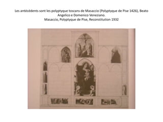 Unification du champ picturale à travers  : 1-le raccourci en perspective et la vue de bas en haut 2-grâce au pavillon à l’antique qui continue au-delà de l’espace entre les colonnes de la charpenterie classique du tableau.Le cadre fonctionne comme un diaphragme illusionniste qui se prolonge dans l’architecture peinte.  Jeu d ’ambigüité entre l’espace peint, artificiel habité par les personnages sacrés et l’espace réel, qui appartient au spectateur. C’est l’habilité de l’artiste ce qui permet de mettre en relation les deux monde non plus séparé irrémédiablement, comme dans la culture byzantine. L’artiste traduit, par ce dispositif, une sensibilité spirituelle particulière qui cherche une fusion, une mise en relation avec le phénomène sacré. La monumentalité solennelle des personnages et les citations de l’antique, revendiquent à l’espace spirituelle sa sacralité.