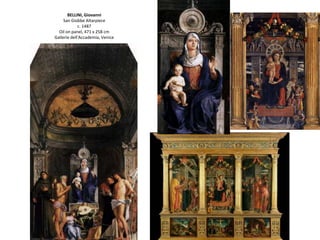 Le Retble de S. Zenon est l’archetype de la tradition septentrionale des Polyptyques et Retable où le cadre a le rôle de diaphragme entre espace réel et espace peint; BELLINI, Giovanni   Frari Triptych 1488  Oil on panel  Santa Maria Gloriosa dei Frari, Venice