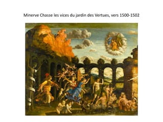 Leonardo, Isabelle D’Este , Louvre, DAG1-Originaire de Ferrare, elle arrive à Mantoue en 1490 et marie le marquis François II Gonzague2- Sa Politique culturelle la consacre comme l’une des grandes mécène de la fin du XV et le début du XVI s3- On lui destine un appartement du 1er étage du Château S.George. De cet espace restent peu de vestiges, juste Lo Studiolo et la Grotte (vers 1498).4-La Grotte était un lieu d ’exposition des collections et des objets de la marquise et n’a pas d’antécédents dans les cours italiennes. Lo studiolo, en revanche, est  l’un de ces espaces ramassés où les princes de l’époque faisaient décorer et où ils conservaient des livres et des objets précieux afin de célébrer leur identité culturelle. Antécedents : Studiolo de Belfiore à Ferrare,  Studiolo de Frédérique de Montefeltre  dans le Palais ducale d’Urbin et Gubbio. C ’est un lieu réservé aux activité de l’esprit mais aussi à récevoir des invités importants.5- Après la mort de son mari, vers 1519, Isabella decide de déménager ses collections dans des nouvelles salles. (