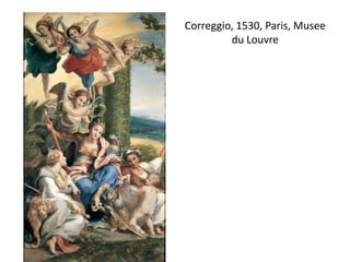 LECTURE sur 3 NIVEAUX1 Mythologique (. Volcan, Venus et Mars, Cupidon-Anteros parce que sans flèche en or, Apollon, 9 Muses symbole des arts, Mercure Pégase qui, avec son socle, a fait jaillir la source Hippocrène, source de l’inspiration poethique)2 Moralisant (Venus a désarmé Cupidon et l’a privé de sa dangereuse flèche d’or, qui provoque l’amour). Il est donc Anteros – amour céleste il  avec sa sarbacane braque les organes génitaux, tandis que Volcan symbolise l’amour comme passion et jalousie, donc dans sa nature terrestre. En effet, Selon Ciceron (De Natura Deorum) Le couple Volcan-Venus représente l’Amour terrestre et le couple Mars-Venus l’Amour céleste. UNION DE MARS (GUERRE ET DISCORDE) ET VENUS (CONCORDE) NAIT L’ARMONIE GRACE A LAQUELLE LES ARTS ET LA POESIE PEUVENT FLEURIR;3 Identification Biographique et autocélébration) En référence à la Cour d’Isabelle , Mars et Venus représentent Isabelle et son mari François II en triomphe comme le dit Battista Fiera poète de la cour. Celui-ci cite le tableau de Mantegna défini notre Apelles, qui aurait representé 