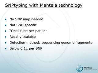 SNPtyping with Manteia technology 
No SNP map needed 
Not SNP-specific 
“One” tube per patient 
Readily scalable 
Detection method: sequencing genome fragments 
Below 0.1¢ per SNP  