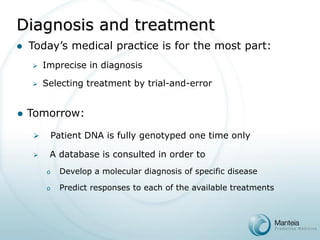 Tomorrow: 
Patient DNA is fully genotyped one time only 
A database is consulted in order to 
oDevelop a molecular diagnosis of specific disease 
oPredict responses to each of the available treatmentsDiagnosis and treatment 
Today’s medical practice is for the most part: 
Imprecise in diagnosis 
Selecting treatment by trial-and-error  