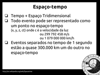 Espaço-tempo
http://en.wikipedia.org/wiki/Spacetime
❏ Tempo + Espaço Tridimensional
❏ Todo evento pode ser representado como
um ponto no espaço-tempo
(x, y, z, ct) onde c é a velocidade da luz
ou 299 792 458 m/s
ou 1 079 000 000 km/h
❏ Eventos separados no tempo de 1 segundo
estão a quase 300.000 km um do outro no
espaço-tempo
 