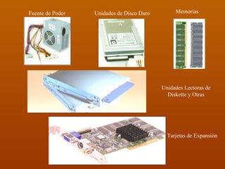 Fuente de Poder Unidades de Disco Duro Memorias  Unidades Lectoras de Diskette y Otras Tarjetas de Expansión 