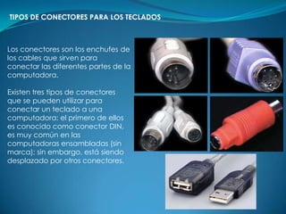 TIPOS DE CONECTORES PARA LOS TECLADOS



Los conectores son los enchufes de
los cables que sirven para
conectar las diferentes partes de la
computadora.

Existen tres tipos de conectores
que se pueden utilizar para
conectar un teclado a una
computadora: el primero de ellos
es conocido como conector DIN,
es muy común en las
computadoras ensambladas (sin
marca); sin embargo, está siendo
desplazado por otros conectores.
 